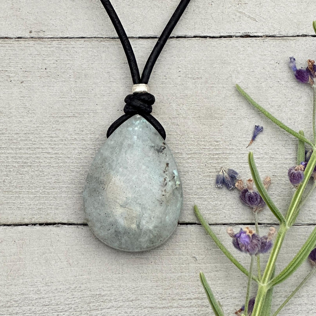 Gray Labradorite Pendant Necklace – Leather Cord Jewelry | Iridescent Gemstone Gift - SunlightSilver