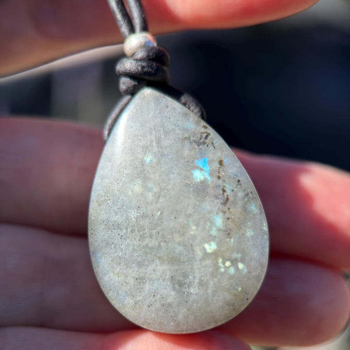 Gray Labradorite Pendant Necklace – Leather Cord Jewelry | Iridescent Gemstone Gift - SunlightSilver