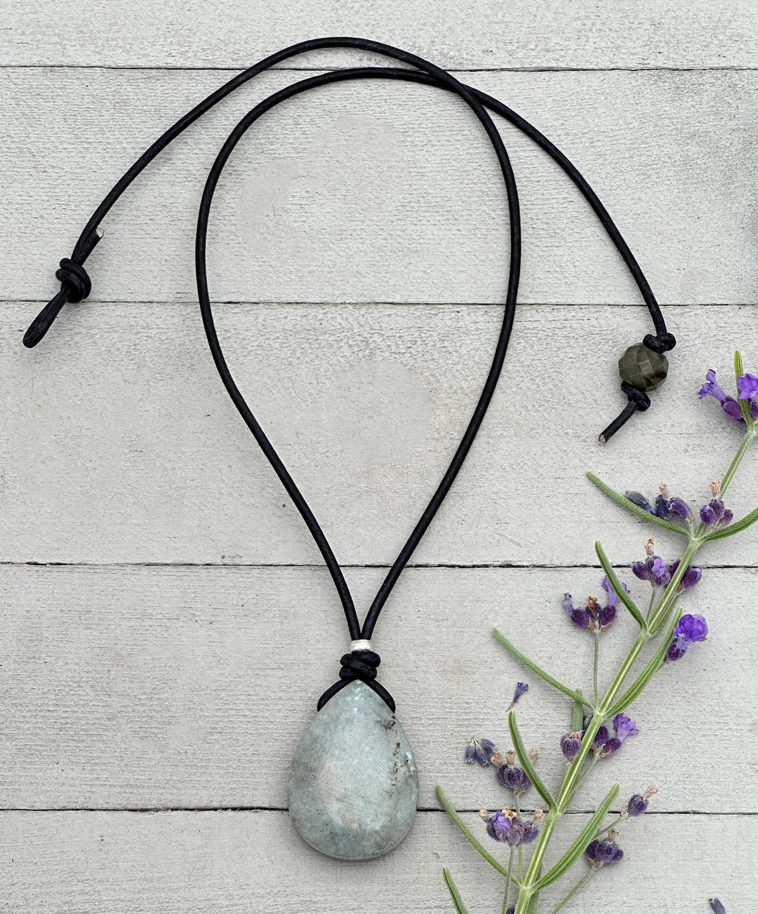 Gray Labradorite Pendant Necklace – Leather Cord Jewelry | Iridescent Gemstone Gift - SunlightSilver