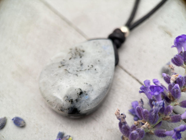 Gray Labradorite Pendant Necklace – Leather Cord Jewelry | Iridescent Gemstone Gift - SunlightSilver