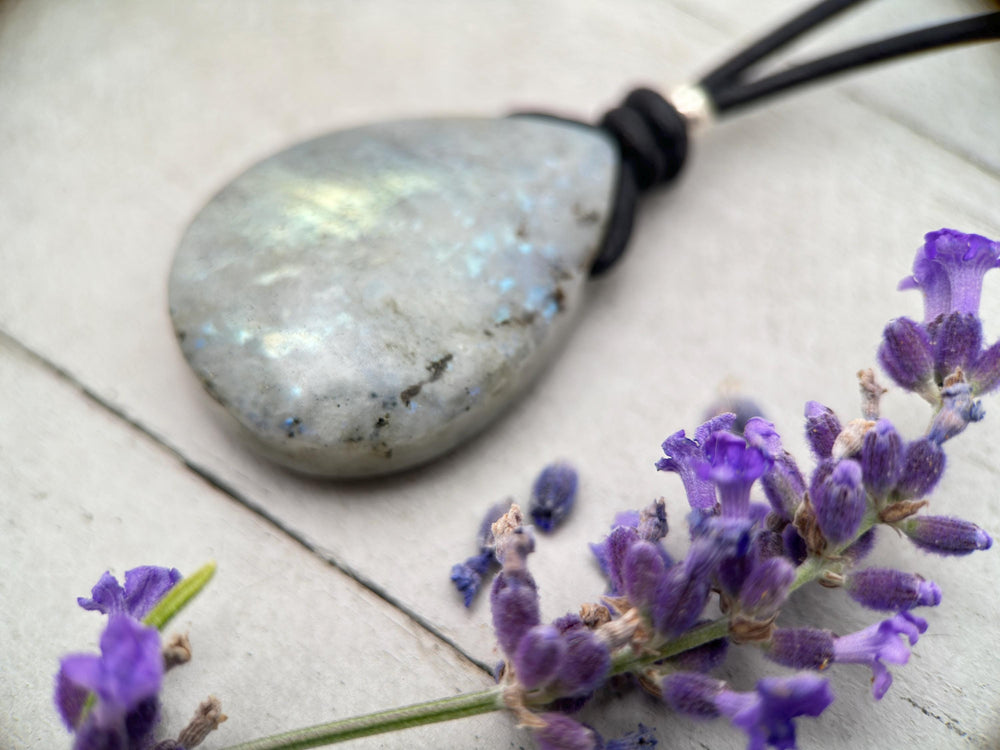 Gray Labradorite Pendant Necklace – Leather Cord Jewelry | Iridescent Gemstone Gift - SunlightSilver