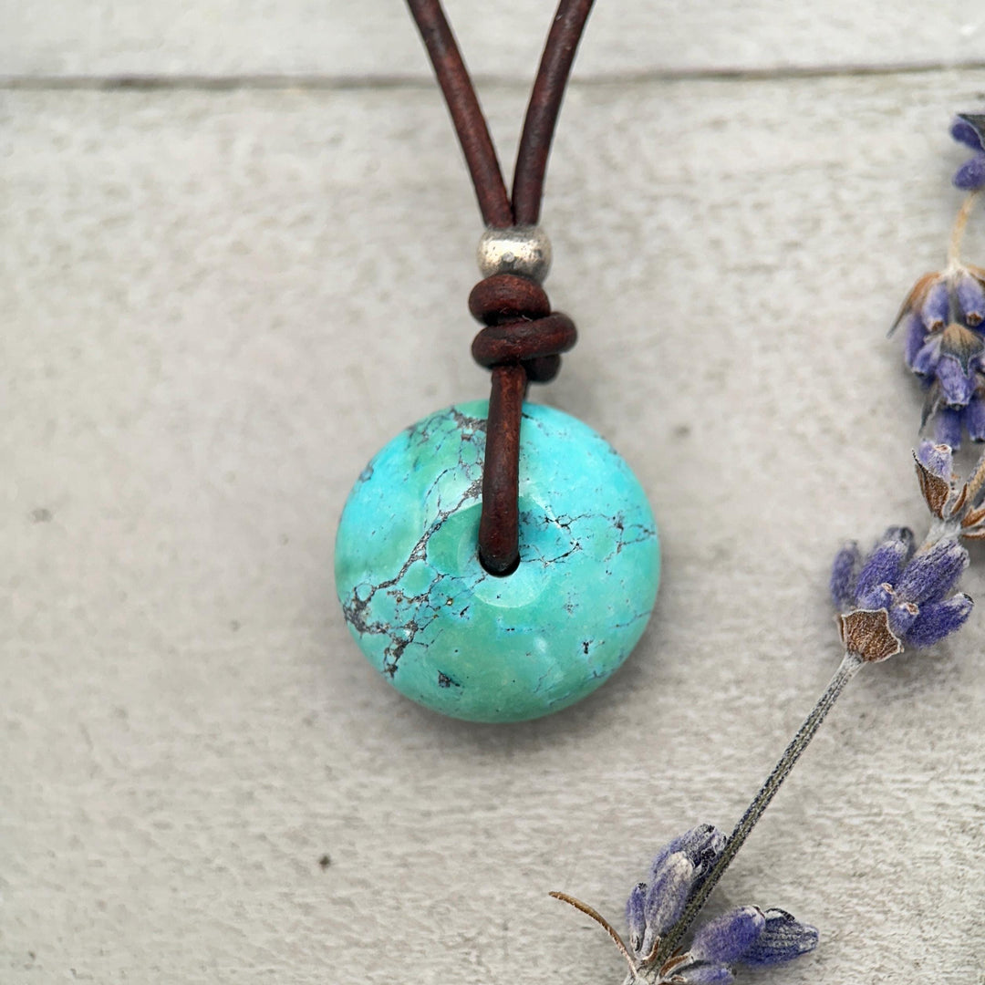 Natural Blue Turquoise Donut on Rustic Leather Necklace – December Birthstone - Handmade in the USA - SunlightSilver