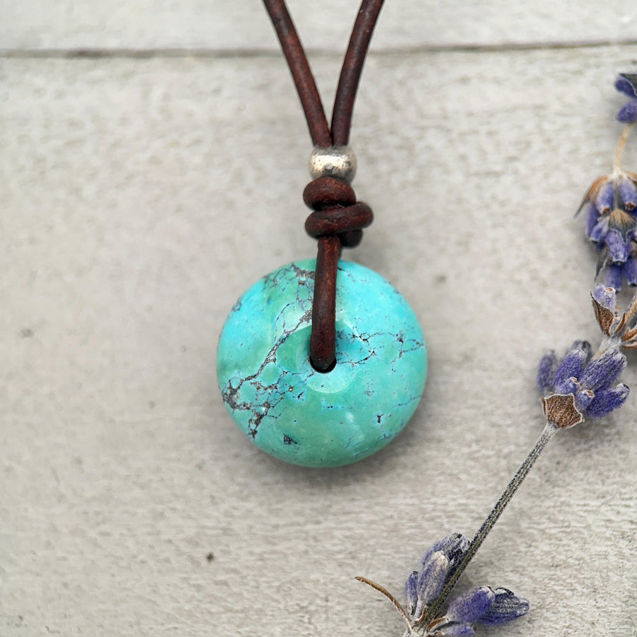 Natural Blue Turquoise Donut on Rustic Leather Necklace – December Birthstone - Handmade in the USA - SunlightSilver