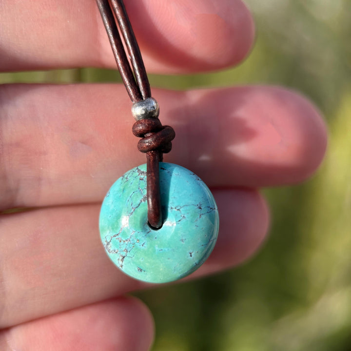 Natural Blue Turquoise Donut on Rustic Leather Necklace – December Birthstone - Handmade in the USA - SunlightSilver