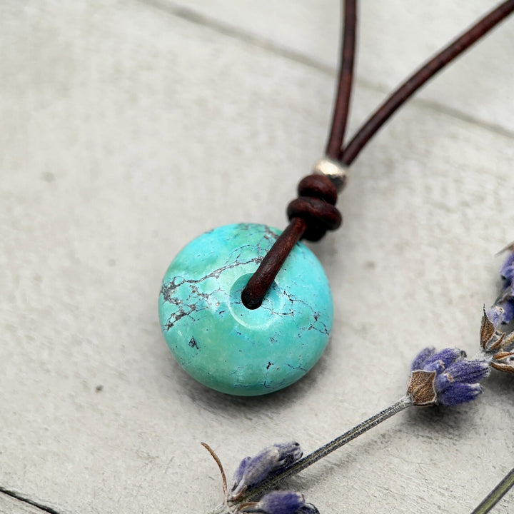 Natural Blue Turquoise Donut on Rustic Leather Necklace – December Birthstone - Handmade in the USA - SunlightSilver