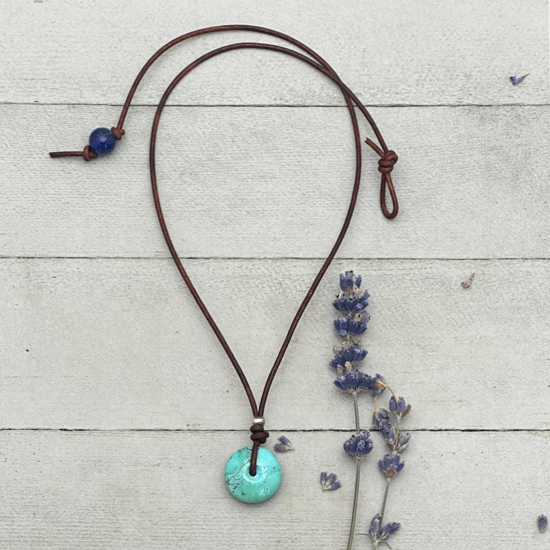 Natural Blue Turquoise Donut on Rustic Leather Necklace – December Birthstone - Handmade in the USA - SunlightSilver