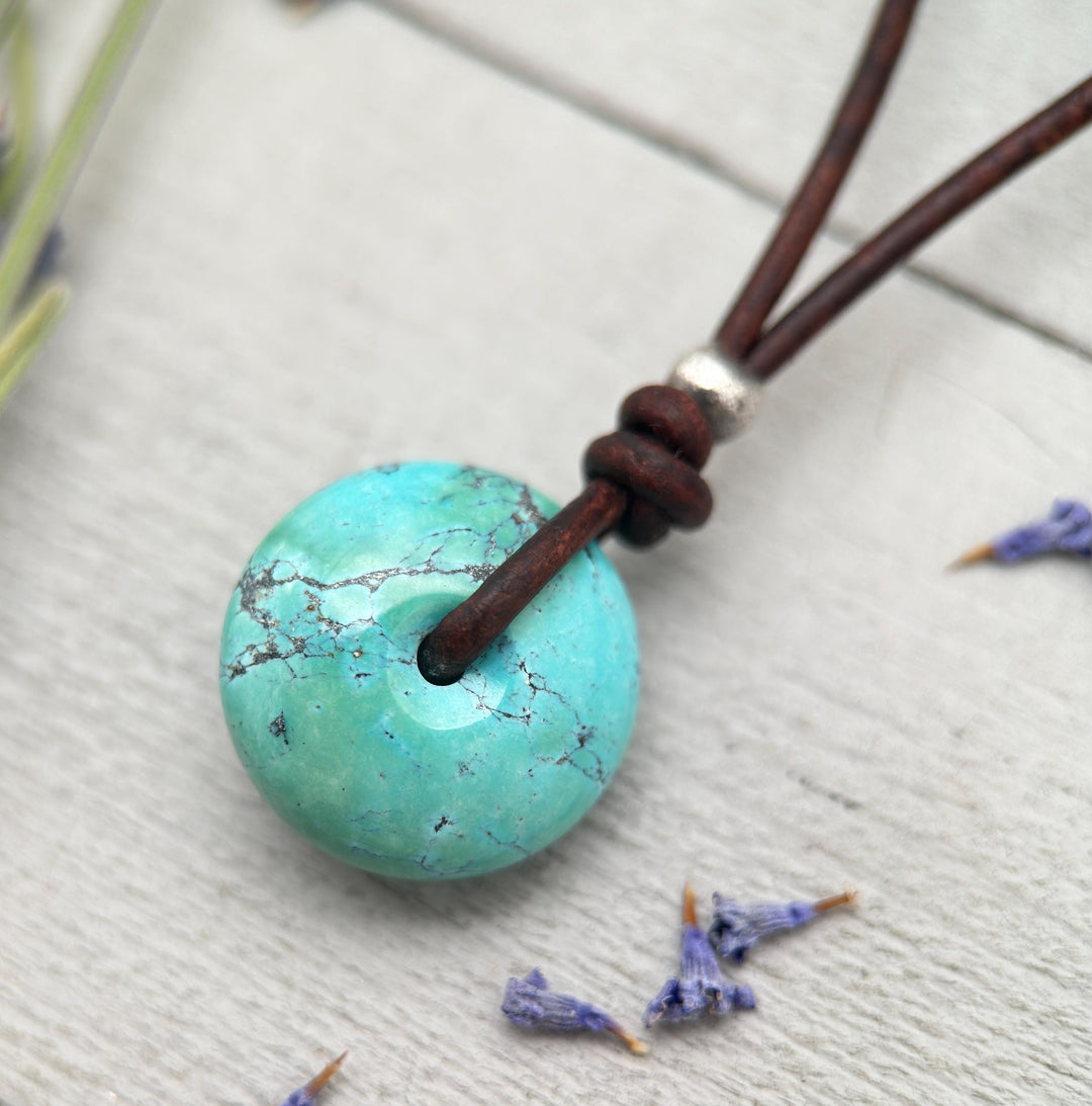 Natural Blue Turquoise Donut on Rustic Leather Necklace – December Birthstone - Handmade in the USA - SunlightSilver