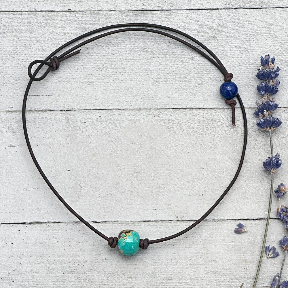 Natural Polychrome Turquoise and Rustic Leather Choker Necklace – December Birthstone - Unisex Handmade in USA - SunlightSilver