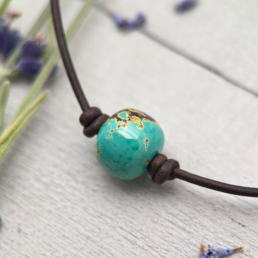 Natural Polychrome Turquoise and Rustic Leather Choker Necklace – December Birthstone - Unisex Handmade in USA - SunlightSilver