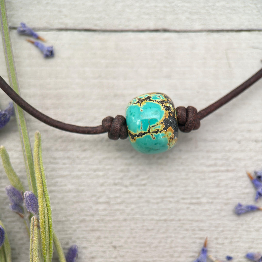Natural Polychrome Turquoise and Rustic Leather Choker Necklace – December Birthstone - Unisex Handmade in USA - SunlightSilver