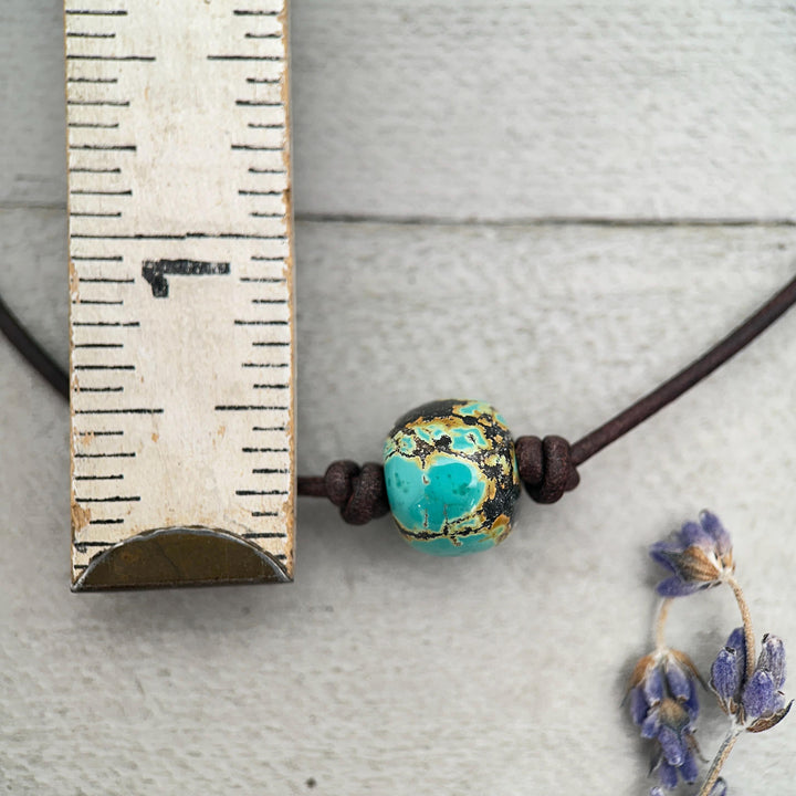 Natural Polychrome Turquoise and Rustic Leather Choker Necklace – December Birthstone - Unisex Handmade in USA - SunlightSilver