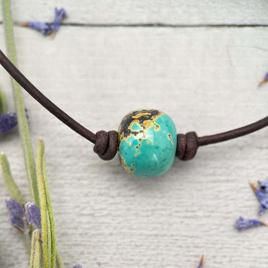 Natural Polychrome Turquoise and Rustic Leather Choker Necklace – December Birthstone - Unisex Handmade in USA - SunlightSilver