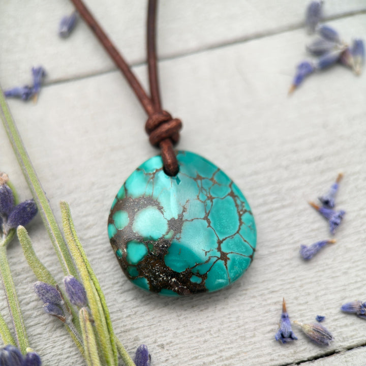 Green Blue Teal Turquoise Pendant and Rustic Brown Leather Necklace - Boho Southwest Style - Unisex 20 inches - SunlightSilver
