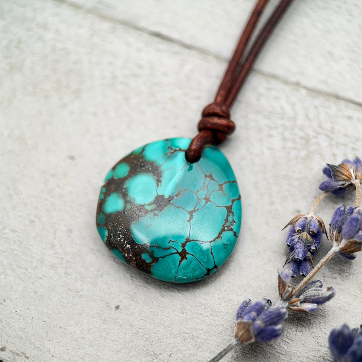 Green Blue Teal Turquoise Pendant and Rustic Brown Leather Necklace - Boho Southwest Style - Unisex 20 inches - SunlightSilver