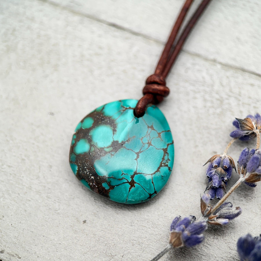 Green Blue Teal Turquoise Pendant and Rustic Brown Leather Necklace - Boho Southwest Style - Unisex 20 inches - SunlightSilver