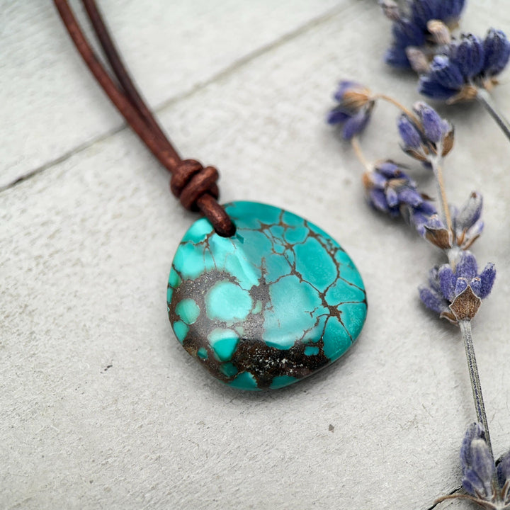 Green Blue Teal Turquoise Pendant and Rustic Brown Leather Necklace - Boho Southwest Style - Unisex 20 inches - SunlightSilver