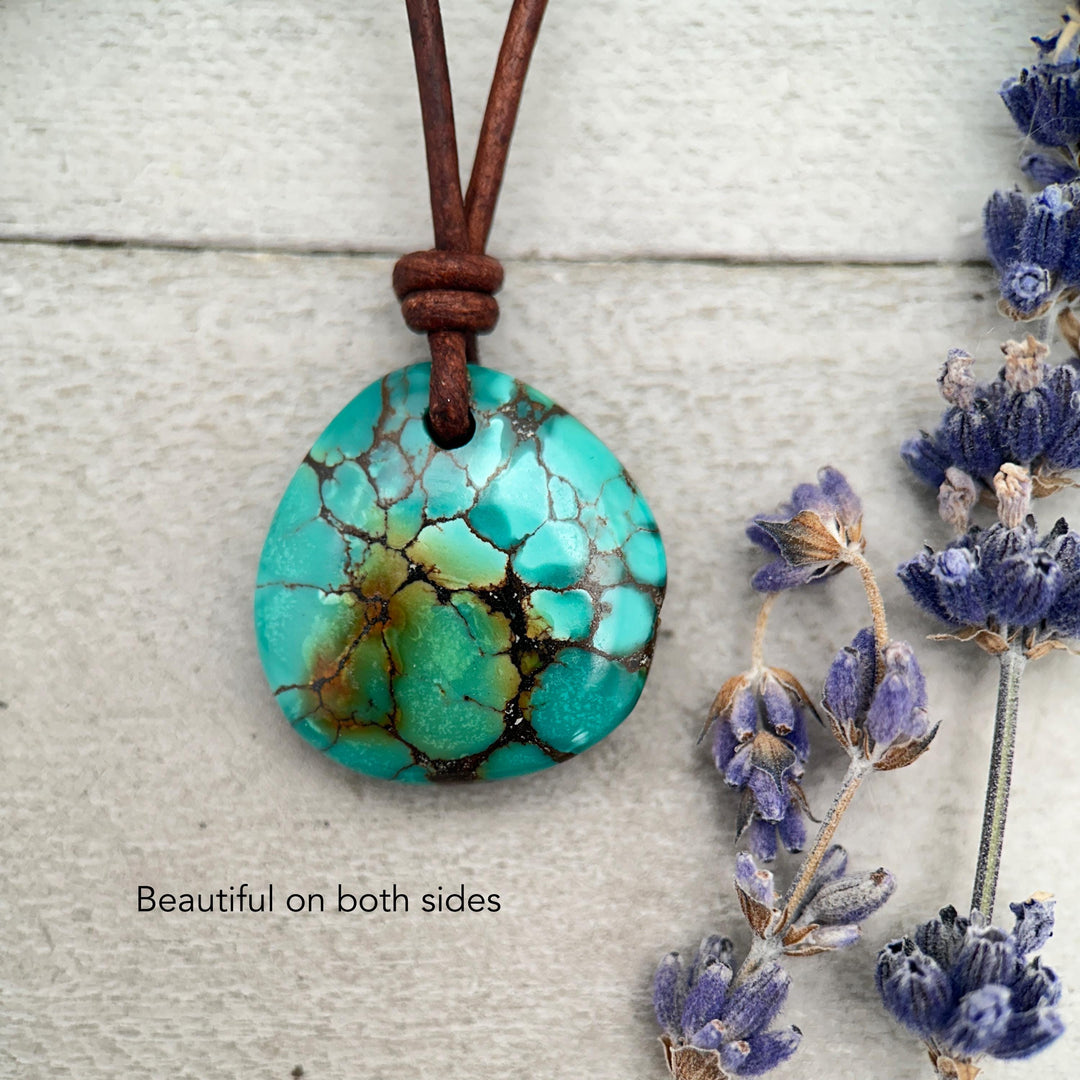 Green Blue Teal Turquoise Pendant and Rustic Brown Leather Necklace - Boho Southwest Style - Unisex 20 inches - SunlightSilver