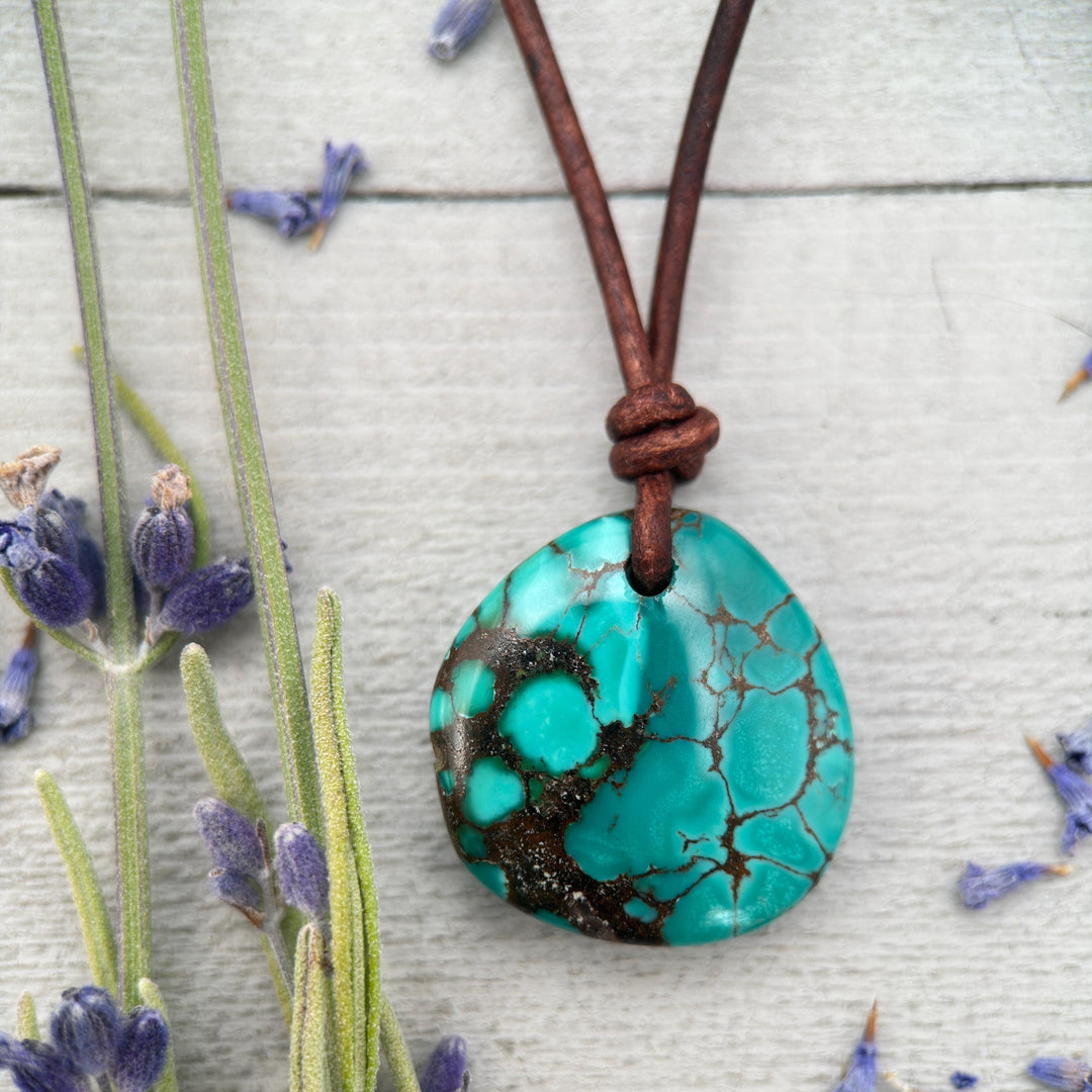 Green Blue Teal Turquoise Pendant and Rustic Brown Leather Necklace - Boho Southwest Style - Unisex 20 inches - SunlightSilver
