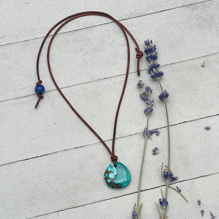 Green Blue Teal Turquoise Pendant and Rustic Brown Leather Necklace - Boho Southwest Style - Unisex 20 inches - SunlightSilver