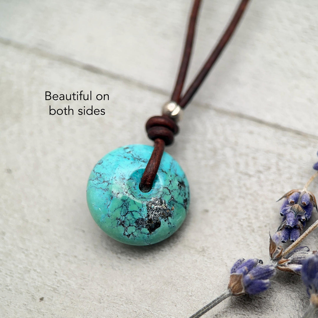 Natural Blue Turquoise Donut on Rustic Leather Necklace – December Birthstone - Handmade in the USA - SunlightSilver
