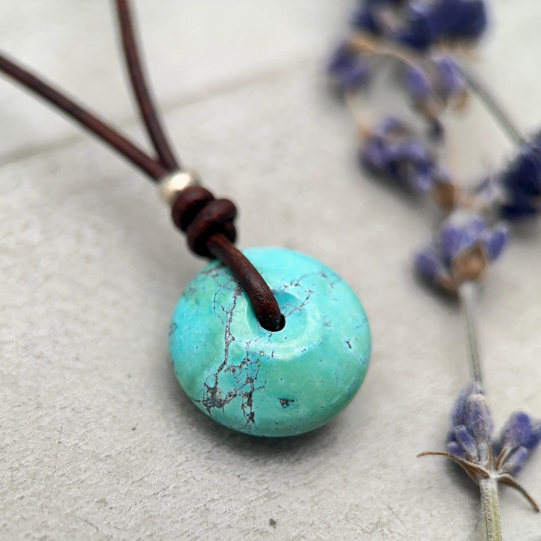 Natural Blue Turquoise Donut on Rustic Leather Necklace – December Birthstone - Handmade in the USA - SunlightSilver