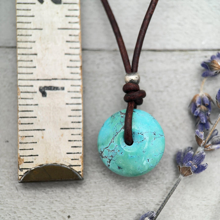 Natural Blue Turquoise Donut on Rustic Leather Necklace – December Birthstone - Handmade in the USA - SunlightSilver