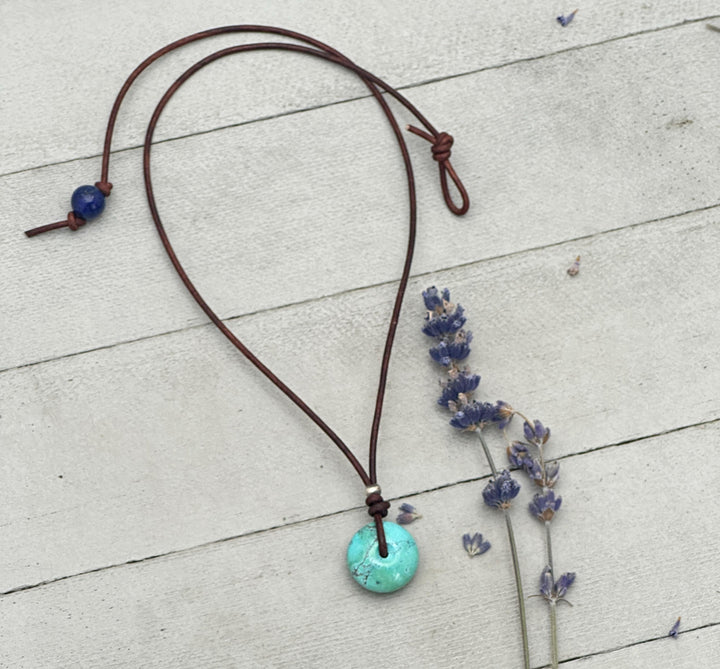 Natural Blue Turquoise Donut on Rustic Leather Necklace – December Birthstone - Handmade in the USA - SunlightSilver