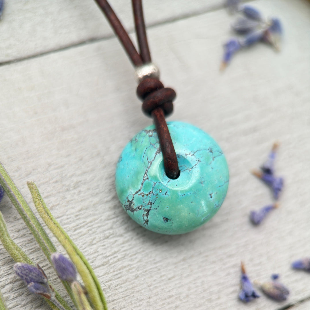 Natural Blue Turquoise Donut on Rustic Leather Necklace – December Birthstone - Handmade in the USA - SunlightSilver