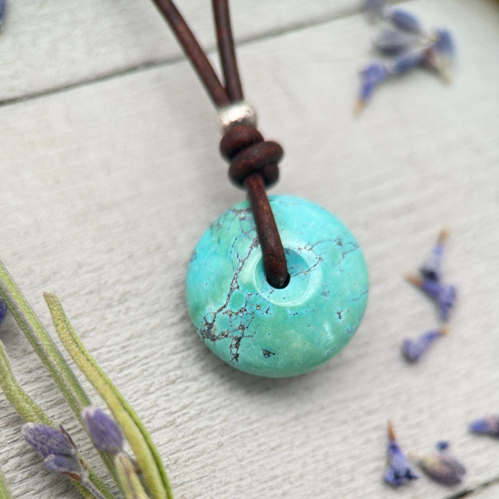 Natural Blue Turquoise Donut on Rustic Leather Necklace – December Birthstone - Handmade in the USA - SunlightSilver
