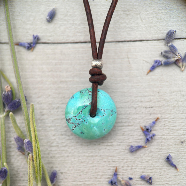Natural Blue Turquoise Donut on Rustic Leather Necklace – December Birthstone - Handmade in the USA - SunlightSilver