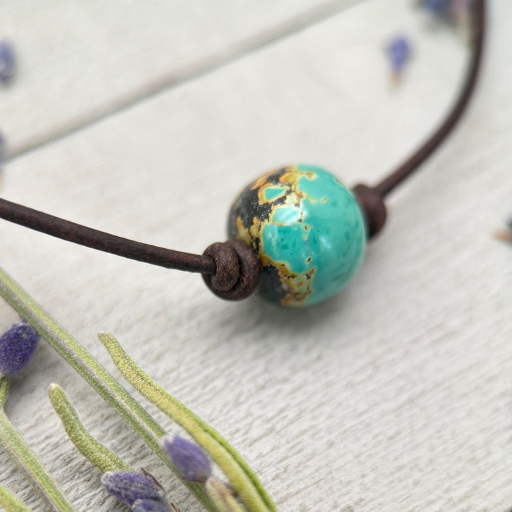 Natural Polychrome Turquoise and Rustic Leather Choker Necklace – December Birthstone - Unisex Handmade in USA - SunlightSilver