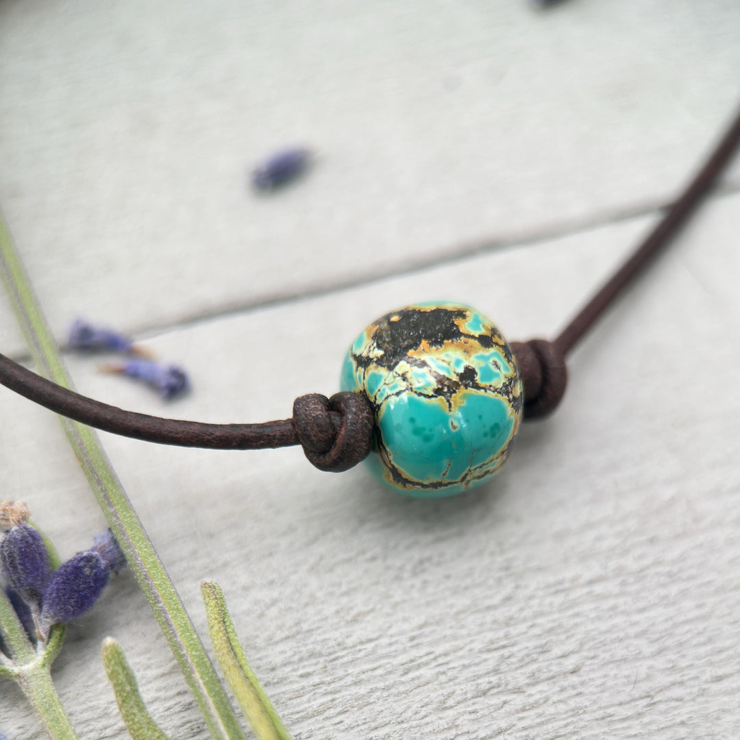 Natural Polychrome Turquoise and Rustic Leather Choker Necklace – December Birthstone - Unisex Handmade in USA - SunlightSilver