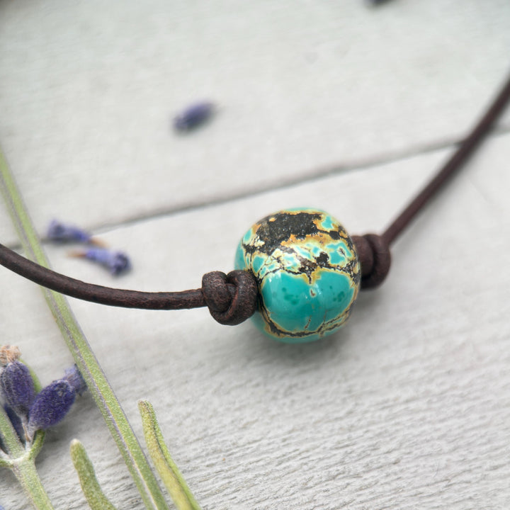 Natural Polychrome Turquoise and Rustic Leather Choker Necklace – December Birthstone - Unisex Handmade in USA - SunlightSilver