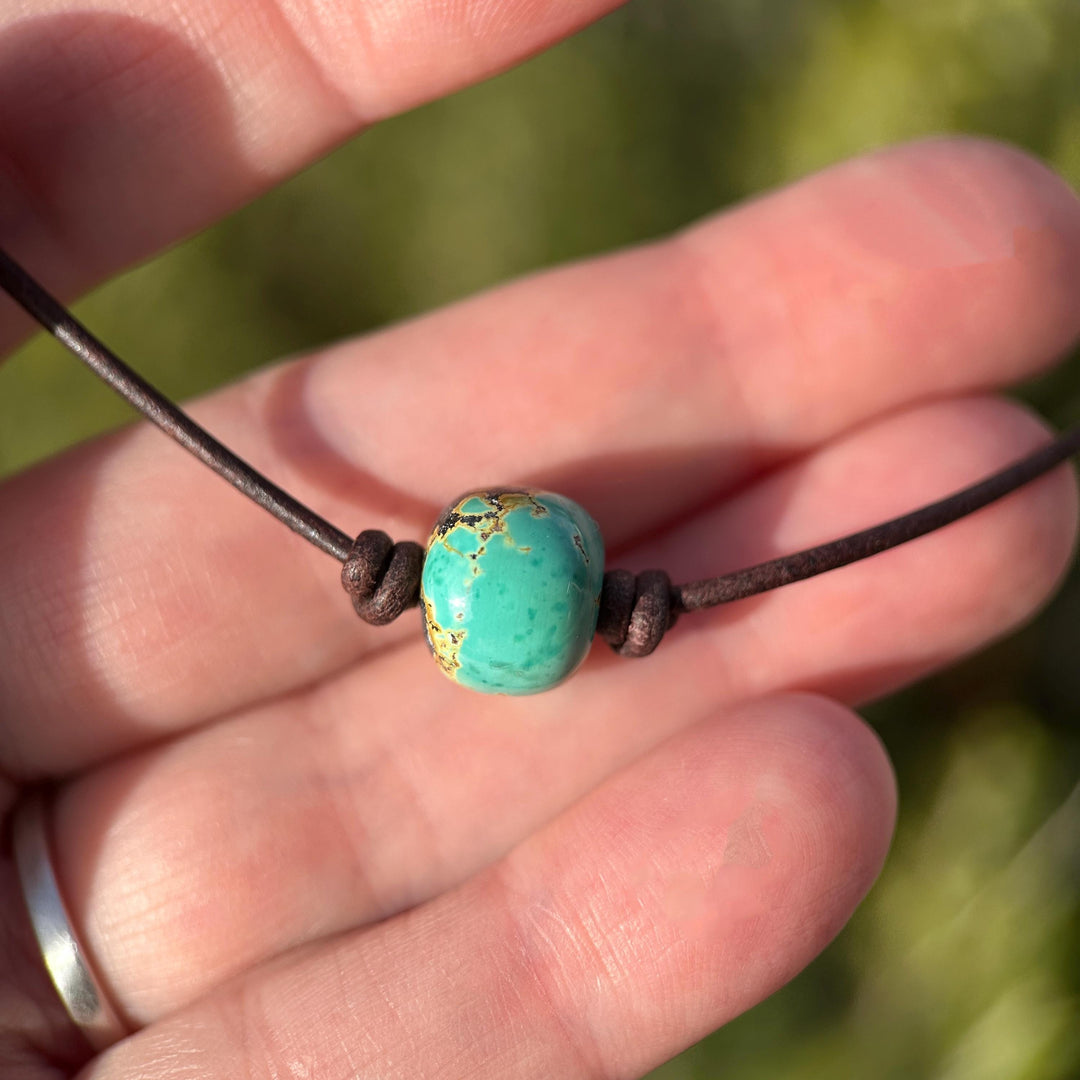 Natural Polychrome Turquoise and Rustic Leather Choker Necklace – December Birthstone - Unisex Handmade in USA - SunlightSilver