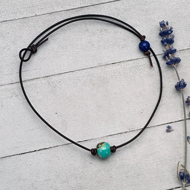 Natural Polychrome Turquoise and Rustic Leather Choker Necklace – December Birthstone - Unisex Handmade in USA - SunlightSilver
