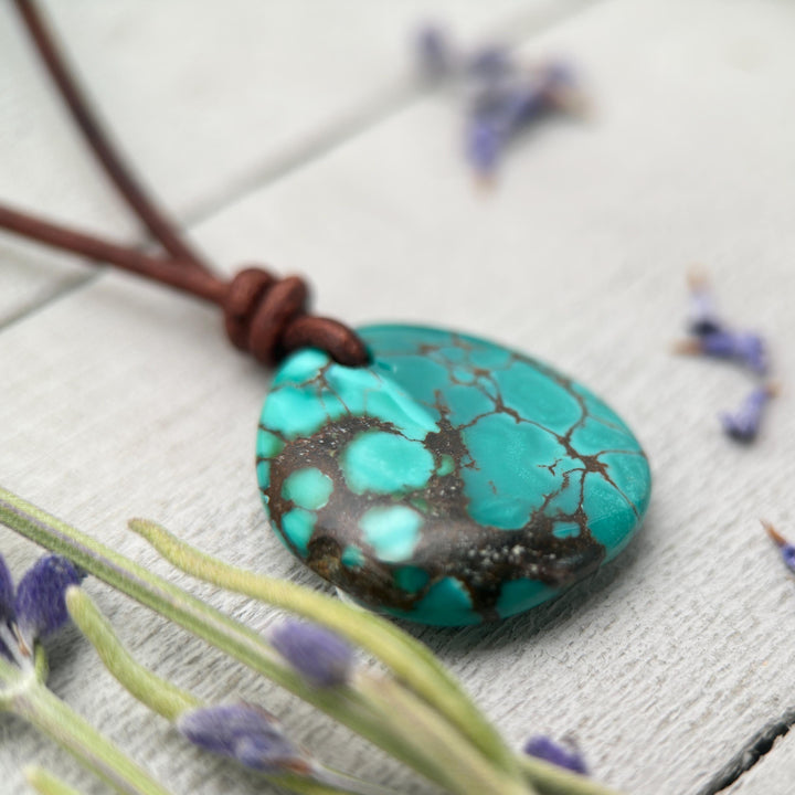 Green Blue Teal Turquoise Pendant and Rustic Brown Leather Necklace - Boho Southwest Style - Unisex 20 inches - SunlightSilver