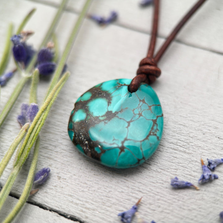 Green Blue Teal Turquoise Pendant and Rustic Brown Leather Necklace - Boho Southwest Style - Unisex 20 inches - SunlightSilver