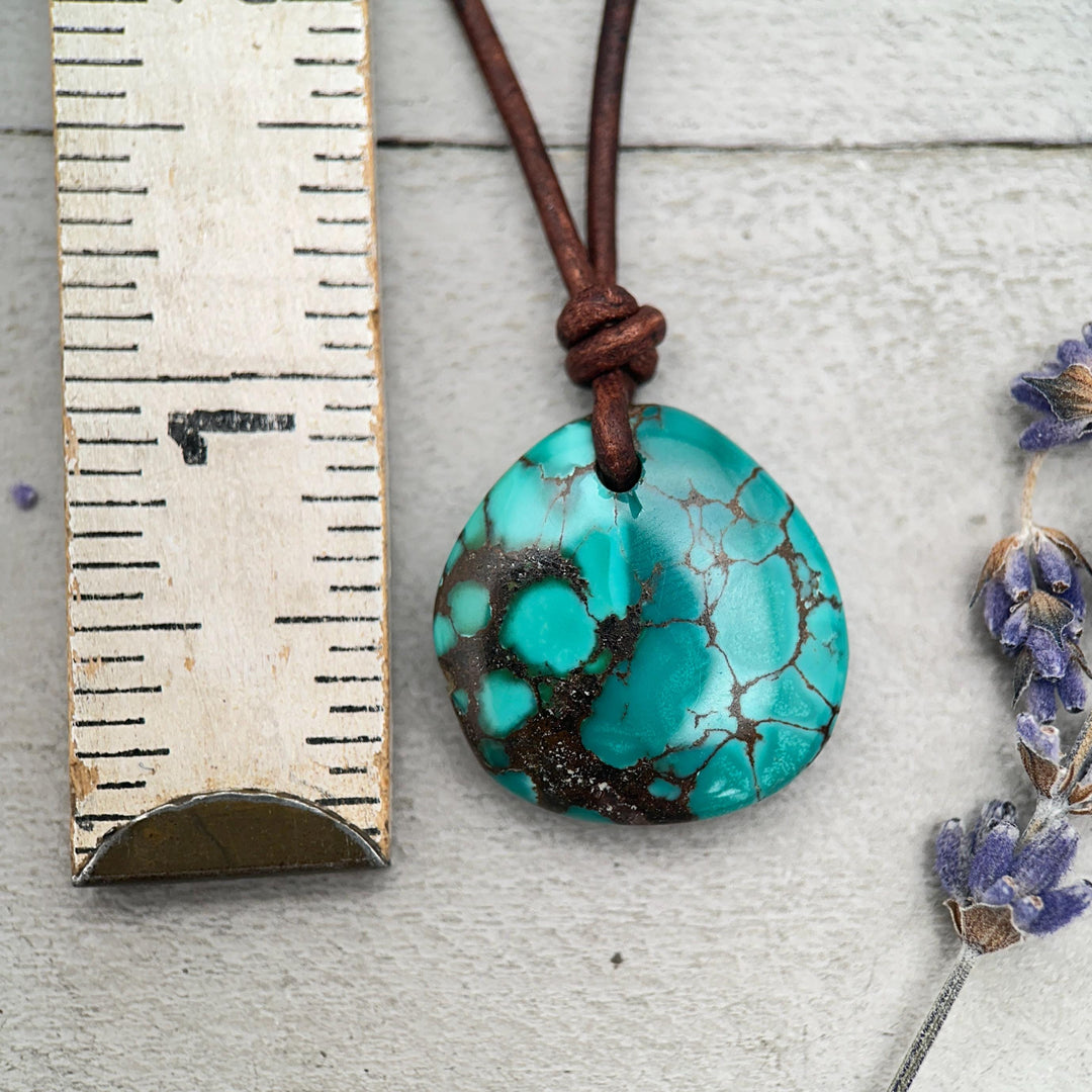 Green Blue Teal Turquoise Pendant and Rustic Brown Leather Necklace - Boho Southwest Style - Unisex 20 inches - SunlightSilver