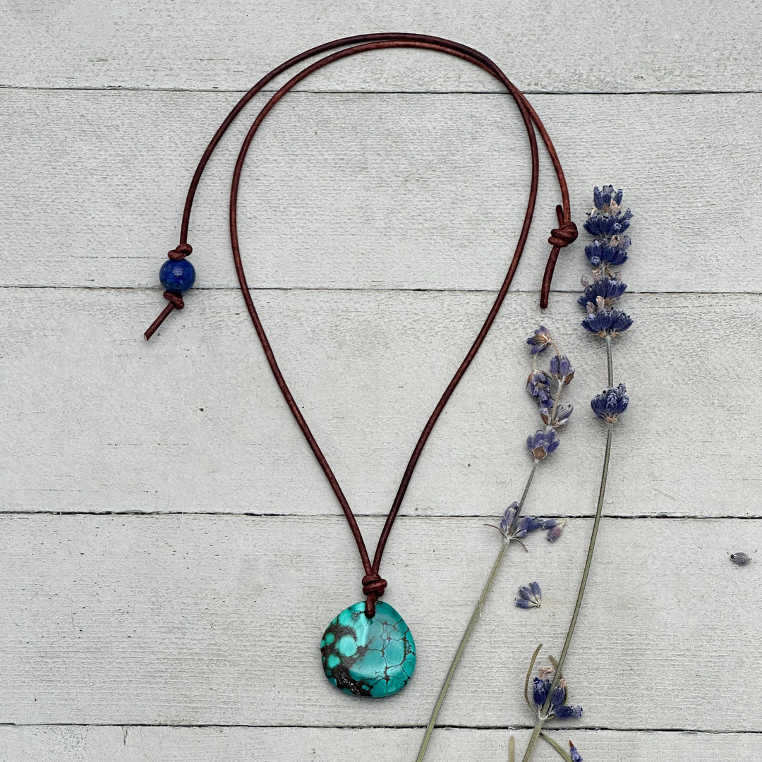 Green Blue Teal Turquoise Pendant and Rustic Brown Leather Necklace - Boho Southwest Style - Unisex 20 inches - SunlightSilver