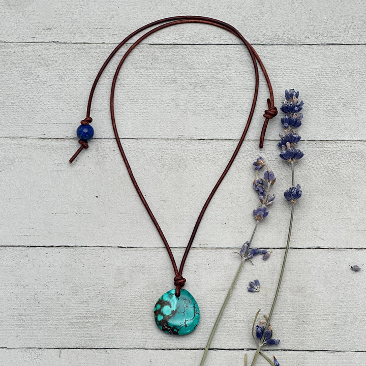Green Blue Teal Turquoise Pendant and Rustic Brown Leather Necklace - Boho Southwest Style - Unisex 20 inches - SunlightSilver