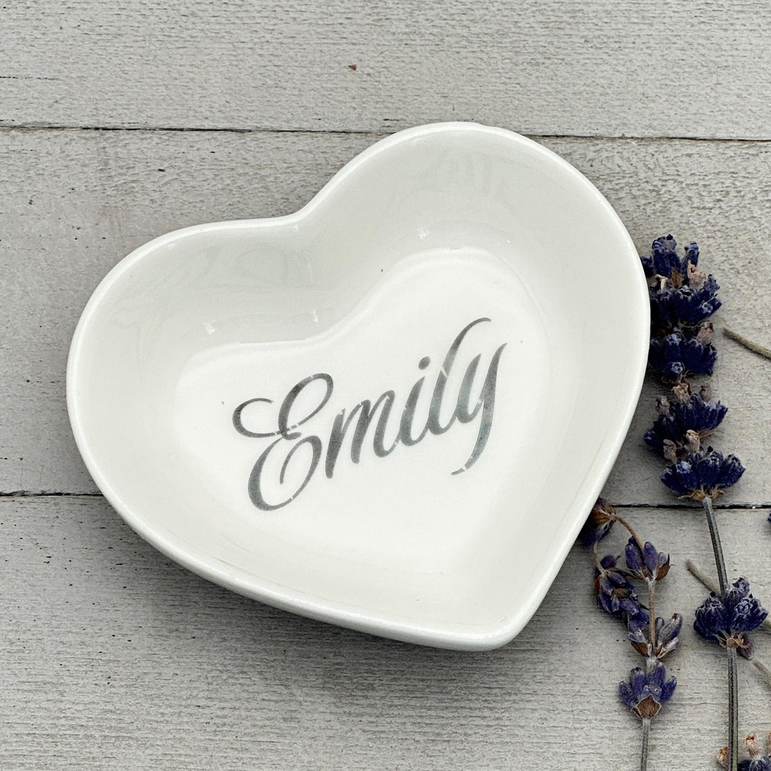 Personalized Heart Ring Dish | Custom Name Saying | Engraved Ceramic Jewelry Trinket Tray | Ring Holder Gift for Her - SunlightSilver