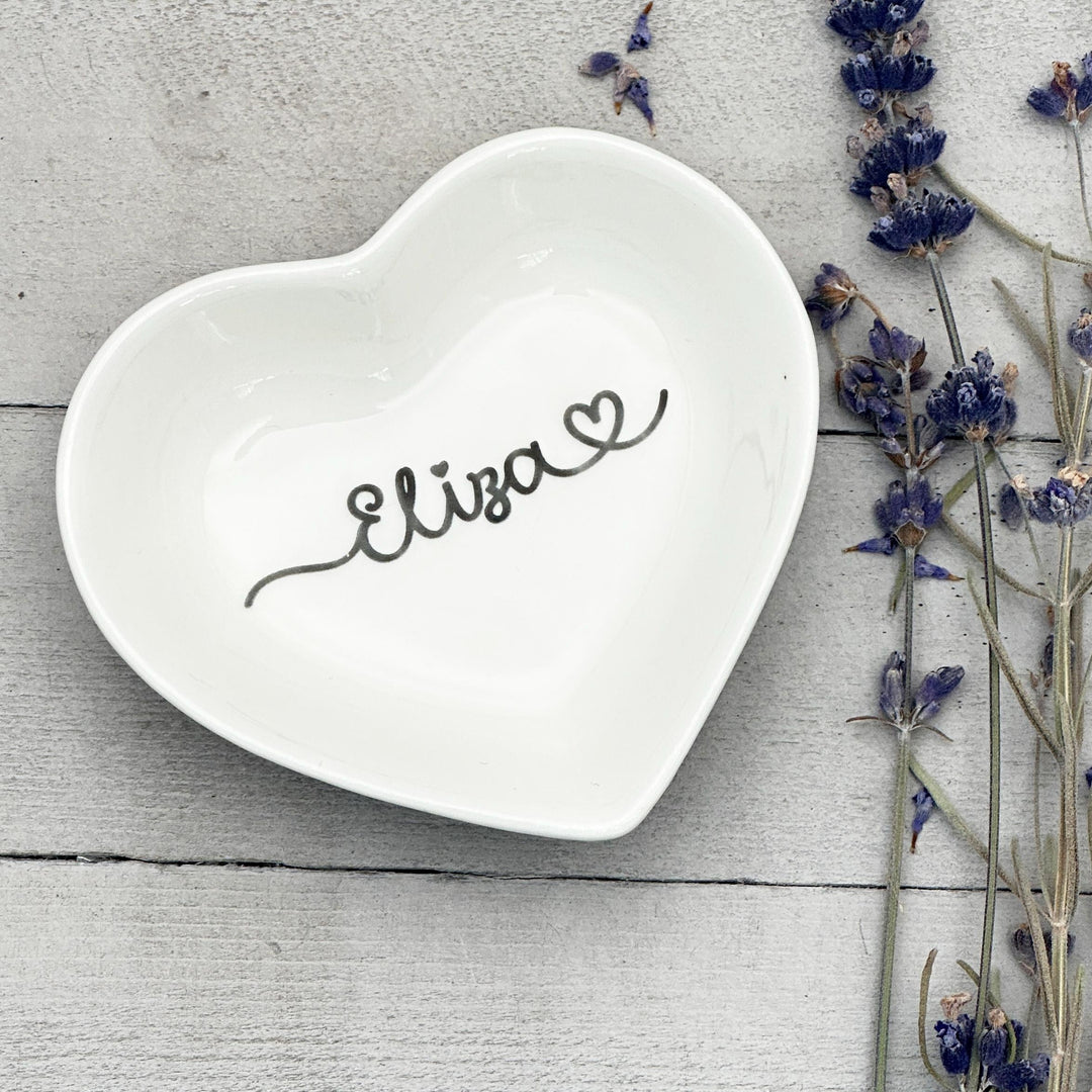 Personalized Heart Ring Dish | Custom Name Saying | Engraved Ceramic Jewelry Trinket Tray | Ring Holder Gift for Her - SunlightSilver