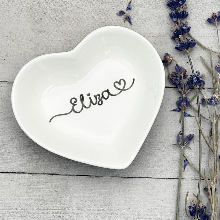 Personalized Heart Ring Dish | Custom Name Saying | Engraved Ceramic Jewelry Trinket Tray | Ring Holder Gift for Her - SunlightSilver