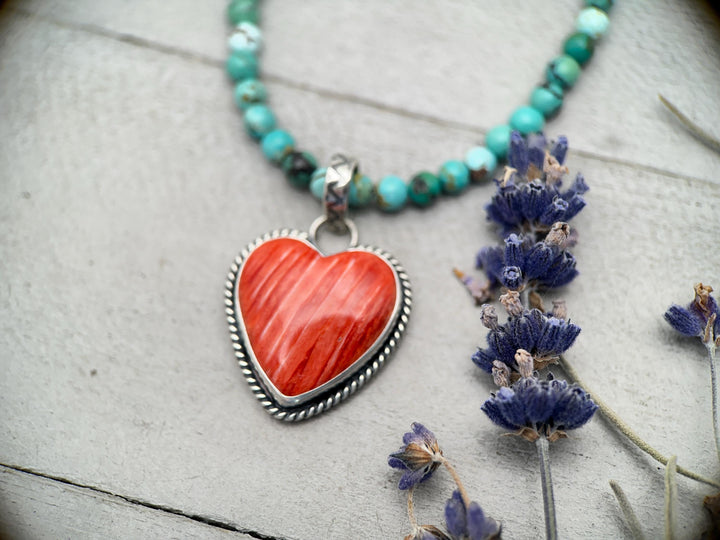 Red Spiny Oyster Shell Heart Pendant | Solid 925 Sterling Silver | Artisan Southwestern Jewelry - SunlightSilver