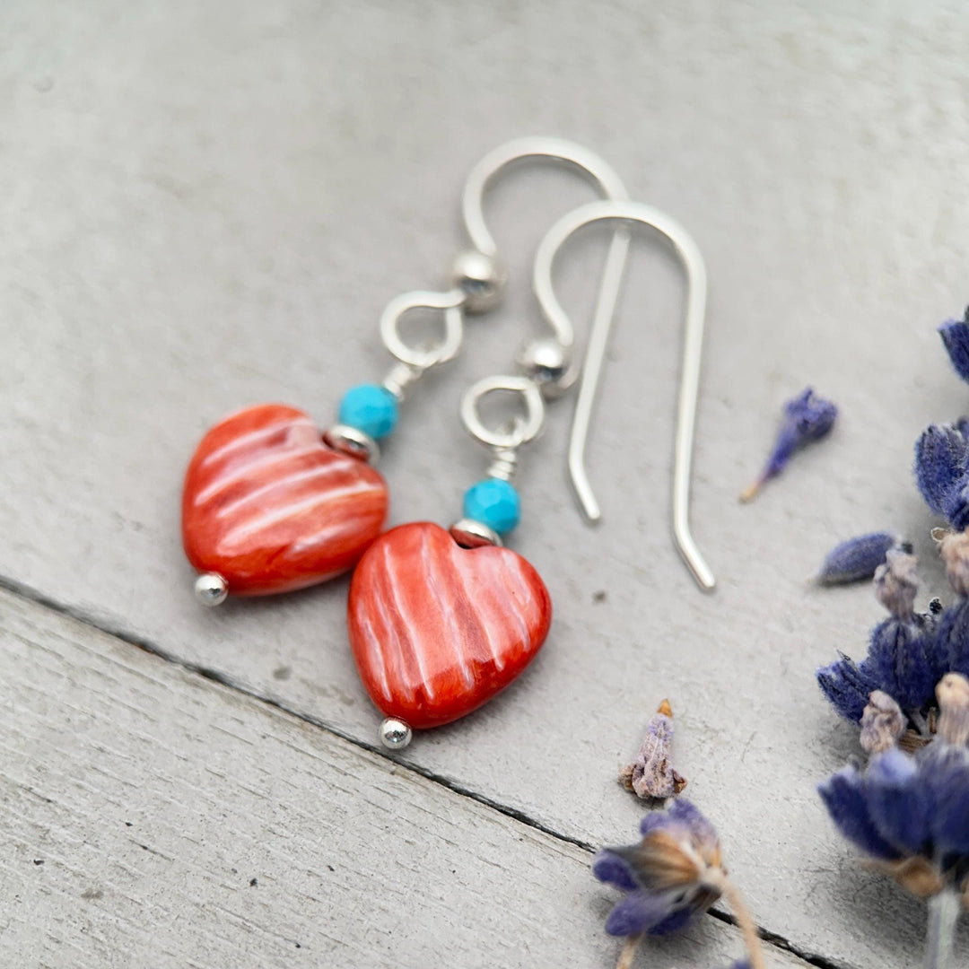 Red Spiny Oyster Heart Earrings | Sterling Silver with Turquoise | Handmade Heart Jewelry - SunlightSilver