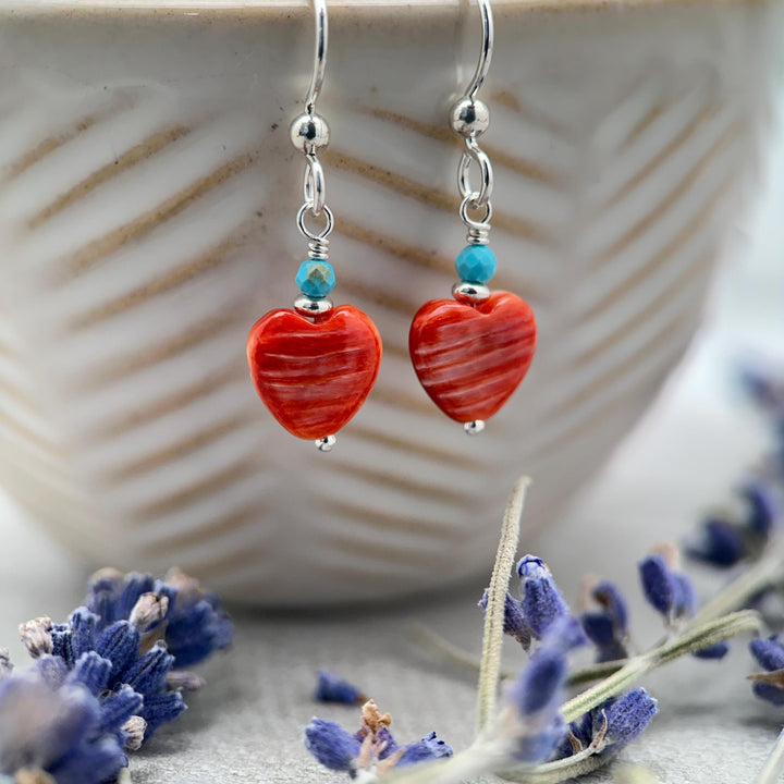 Red Spiny Oyster Heart Earrings | Sterling Silver with Turquoise | Handmade Heart Jewelry - SunlightSilver