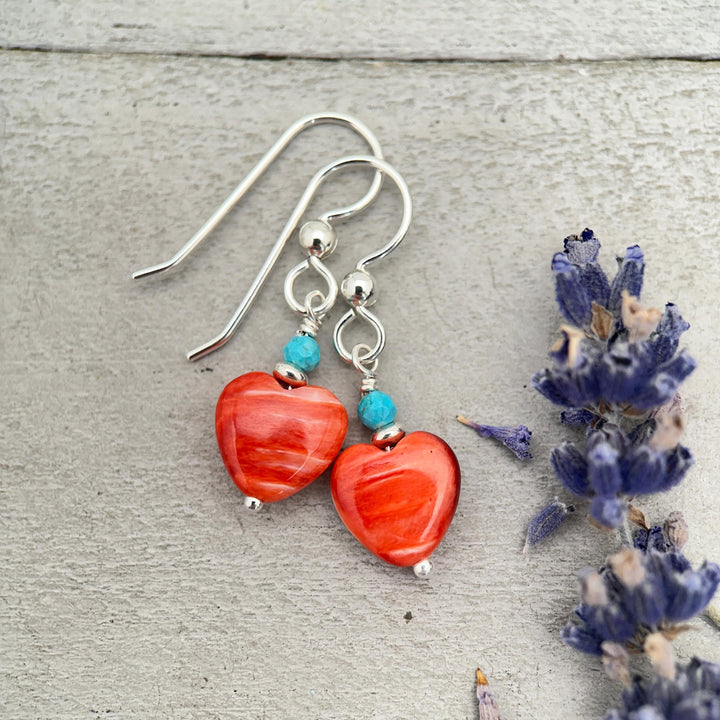 Red Spiny Oyster Heart Earrings | Sterling Silver with Turquoise | Handmade Heart Jewelry - SunlightSilver