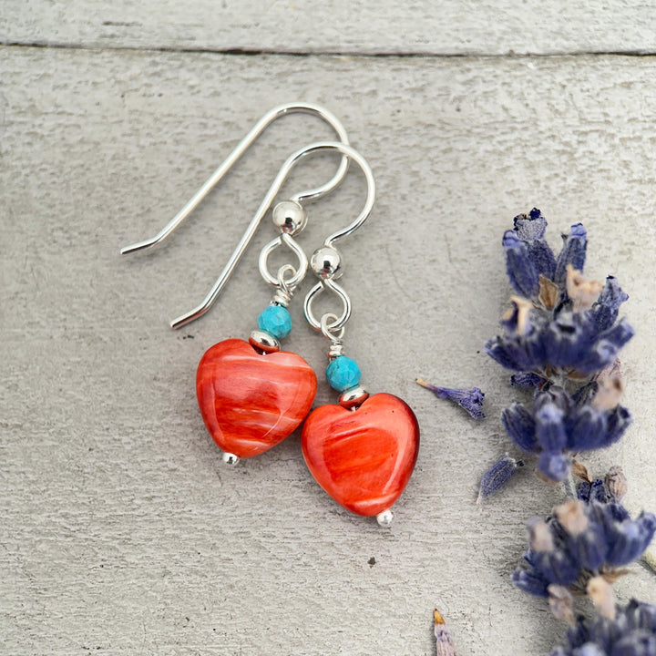 Red Spiny Oyster Heart Earrings | Sterling Silver with Turquoise | Handmade Heart Jewelry - SunlightSilver