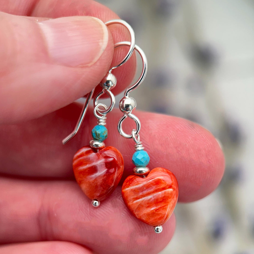 Red Spiny Oyster Heart Earrings | Sterling Silver with Turquoise | Handmade Heart Jewelry - SunlightSilver