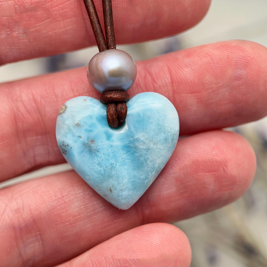 Blue Larimar Heart Necklace | Caribbean Gemstone | Leather & Pearl Jewelry - SunlightSilver